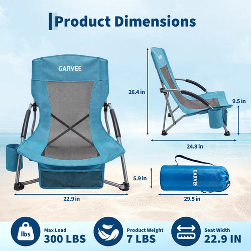 2-Pack Low Beach Chairs, Foldable Portable Camping Chairs, Durable Wide Seat with Cup Holder and Carry Bag, for Outdoor, Beach and Travel.