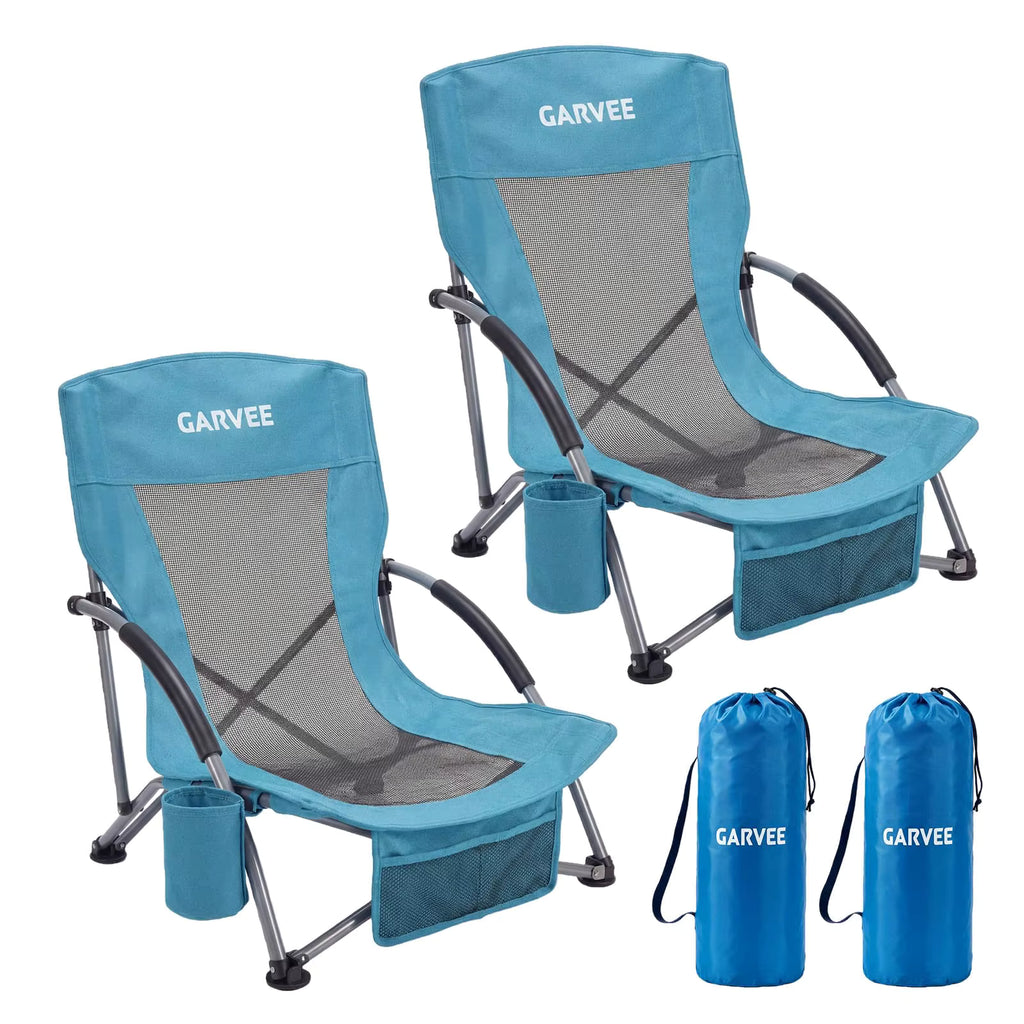 2-Pack Low Beach Chairs, Foldable Portable Camping Chairs, Durable Wide Seat with Cup Holder and Carry Bag, for Outdoor, Beach and Travel.