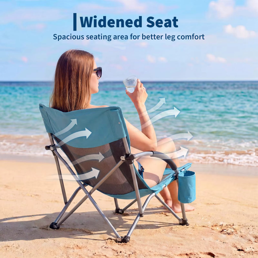 2-Pack Low Beach Chairs, Foldable Portable Camping Chairs, Durable Wide Seat with Cup Holder and Carry Bag, for Outdoor, Beach and Travel.