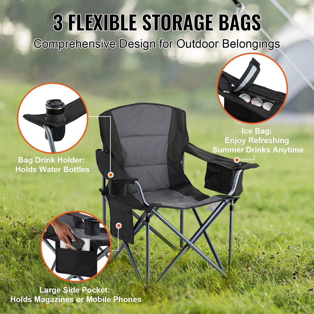 SucceBuy Folding Camping Chair for Adults, Portable Padded Armchair with Lumbar Support and Side Pockets, for Beach, Lawn and Picnic.