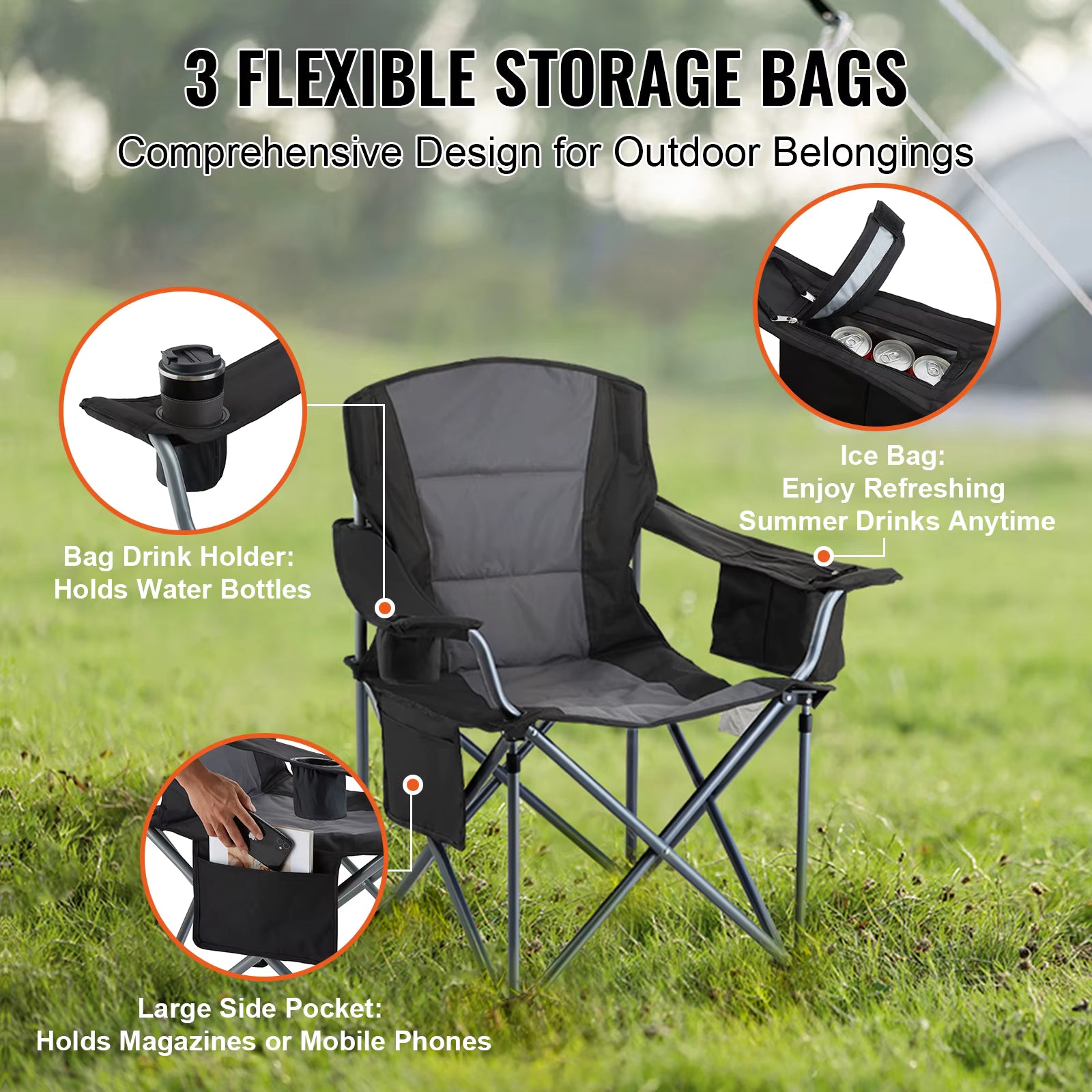 SucceBuy Folding Camping Chair for Adults, Portable Padded Armchair with Lumbar Support and Side Pockets, for Beach, Lawn and Picnic.