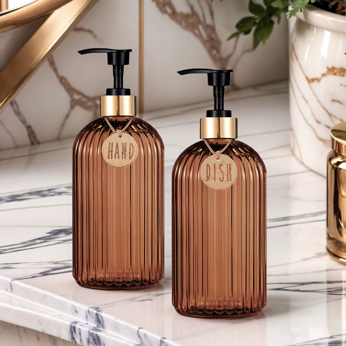Amber Glass-Look Soap Dispenser Set – 500ml Refillable Pump Bottle with Labels