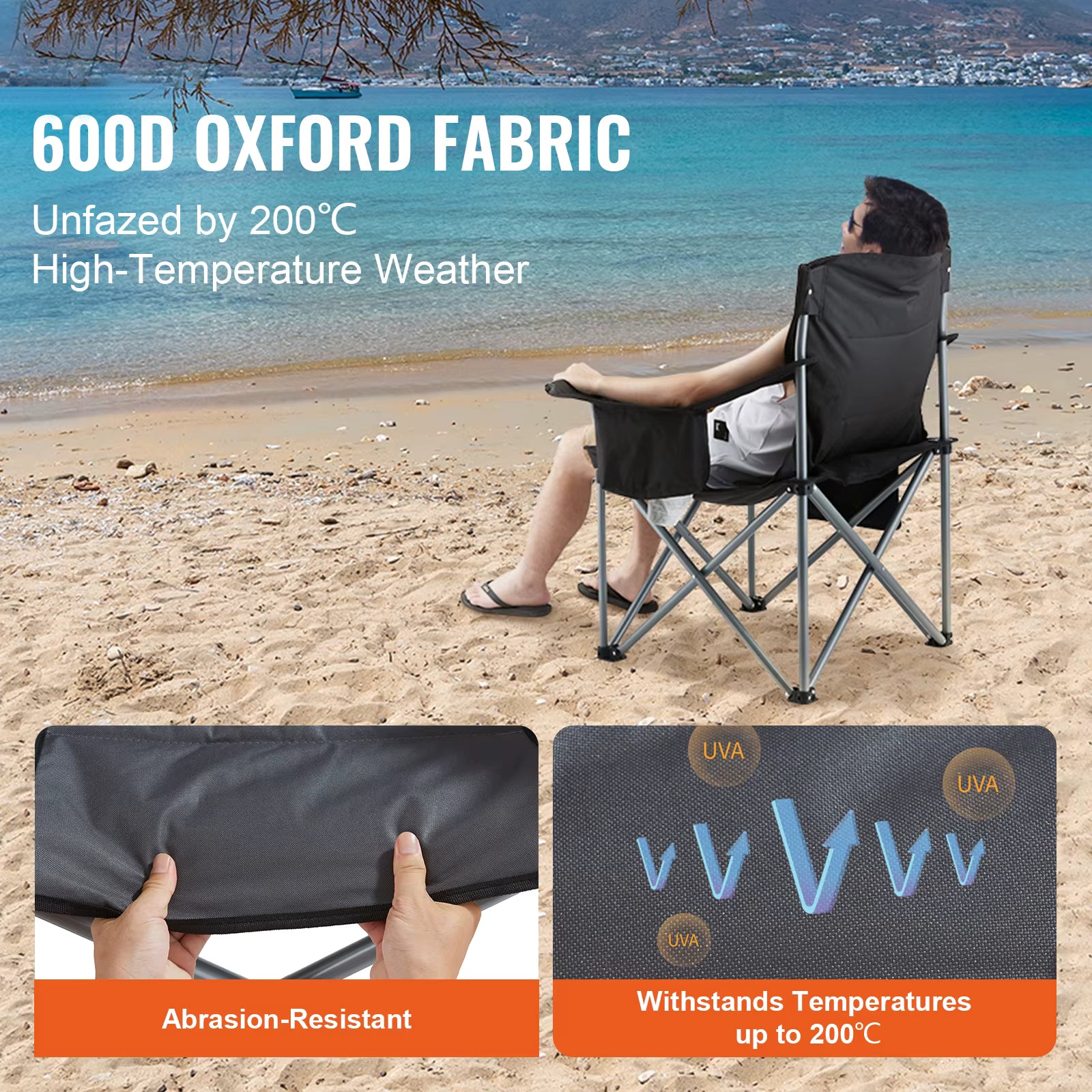 SucceBuy Folding Camping Chair for Adults, Portable Padded Armchair with Lumbar Support and Side Pockets, for Beach, Lawn and Picnic.