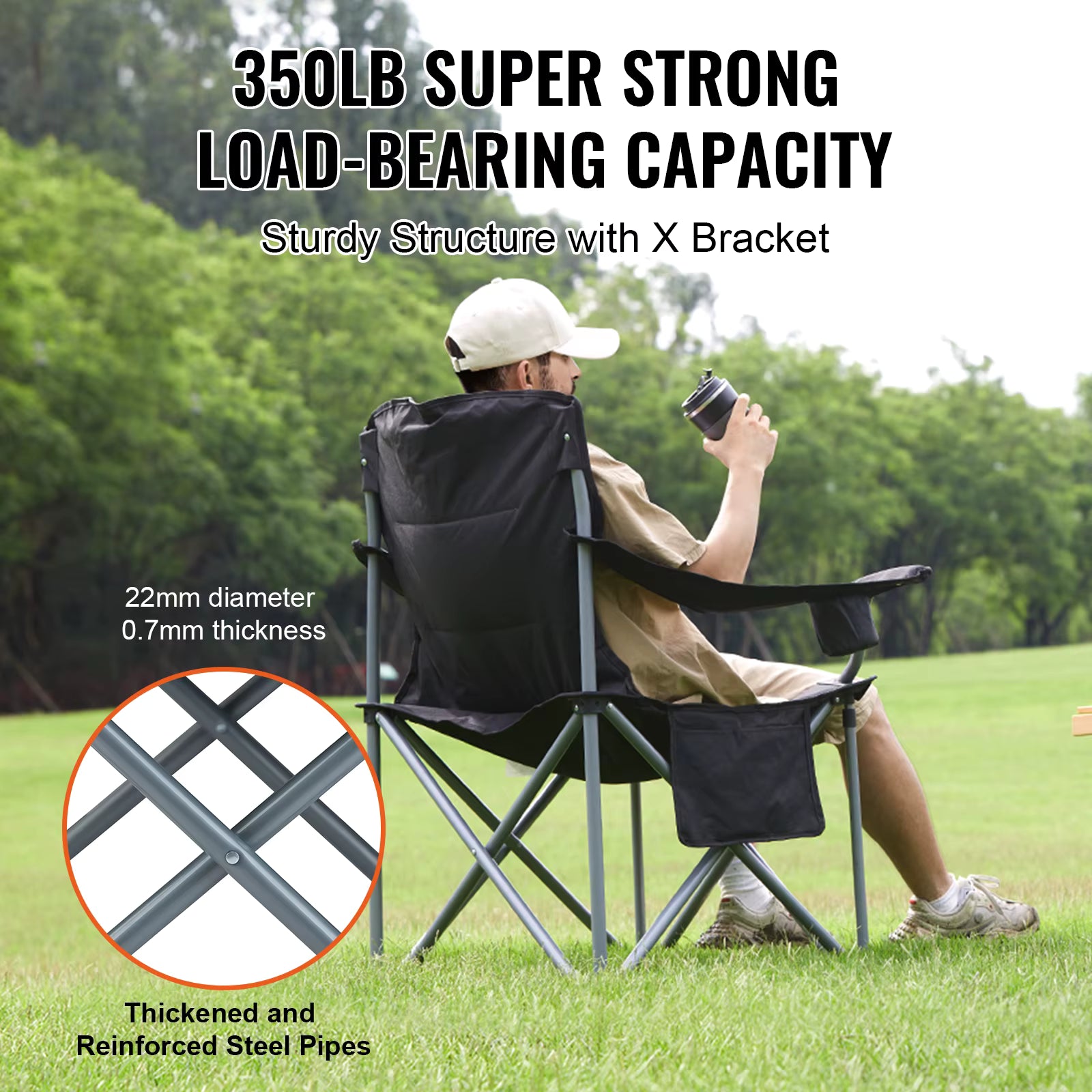 SucceBuy Folding Camping Chair for Adults, Portable Padded Armchair with Lumbar Support and Side Pockets, for Beach, Lawn and Picnic.