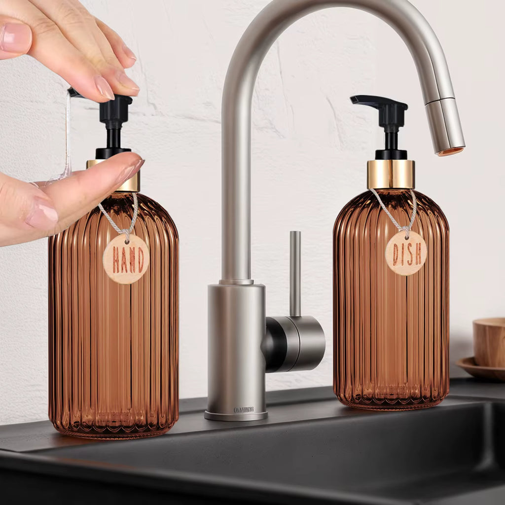 Amber Glass-Look Soap Dispenser Set – 500ml Refillable Pump Bottle with Labels