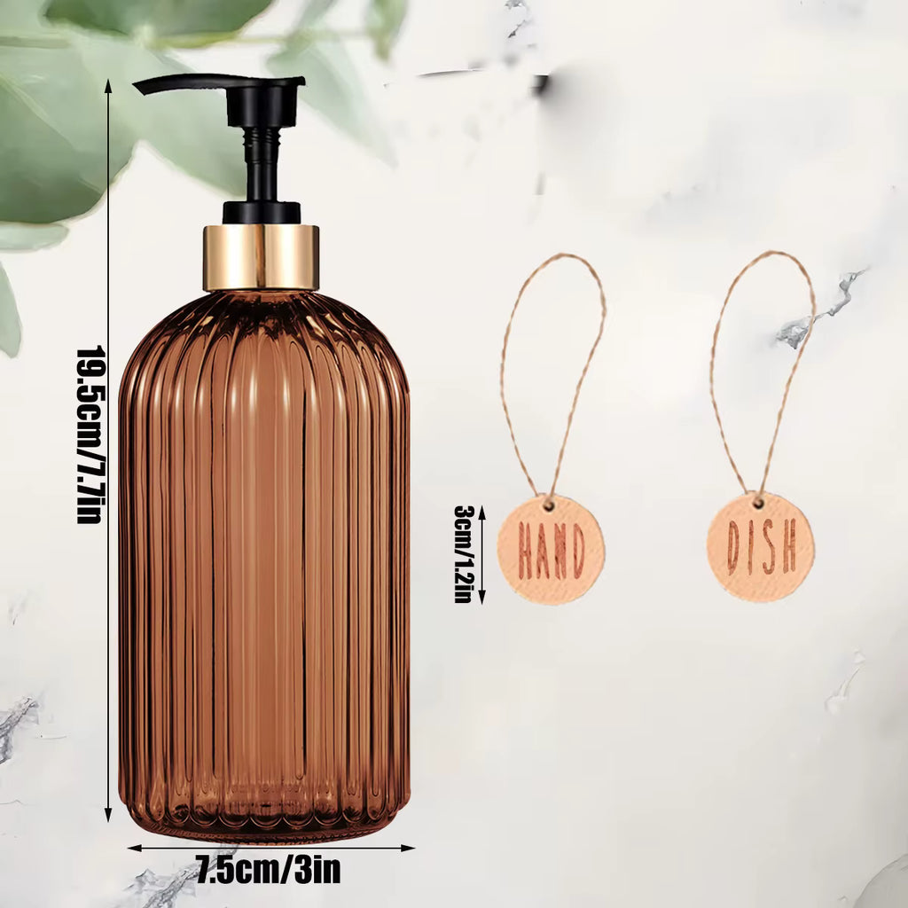 Amber Glass-Look Soap Dispenser Set – 500ml Refillable Pump Bottle with Labels