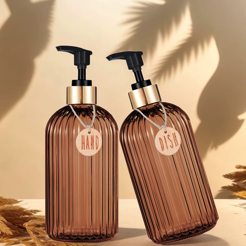 Amber Glass-Look Soap Dispenser Set – 500ml Refillable Pump Bottle with Labels