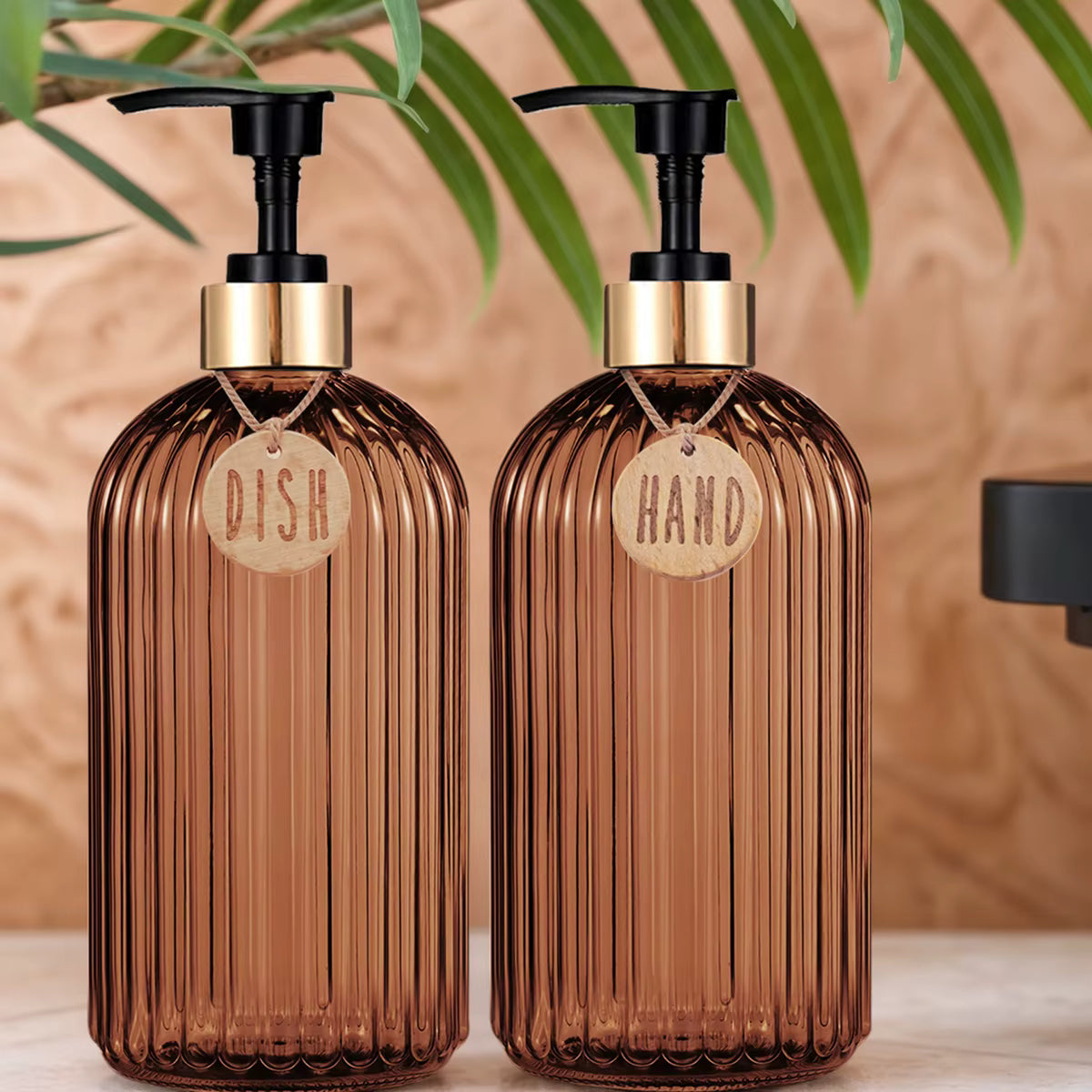 Amber Glass-Look Soap Dispenser Set – 500ml Refillable Pump Bottle with Labels